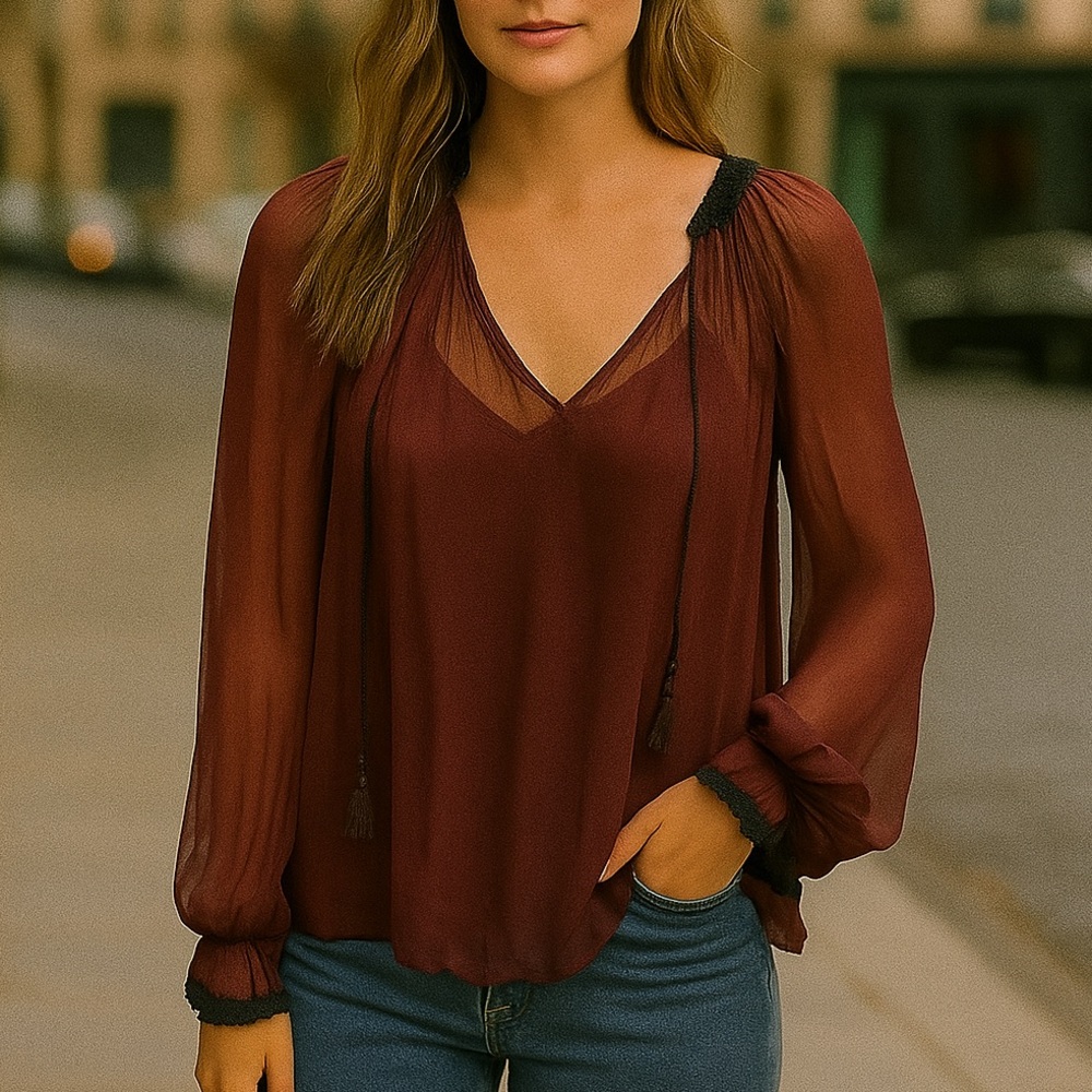 NWT Love Sam Crochet Trim Sheer Long Sleeve Chiffon Top in Merlot Size S